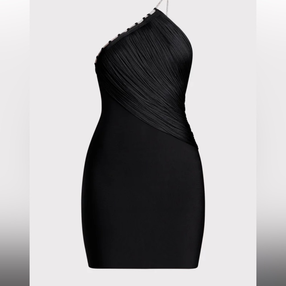 Herve Leger Black One Shoulder Fringe Mini Dress